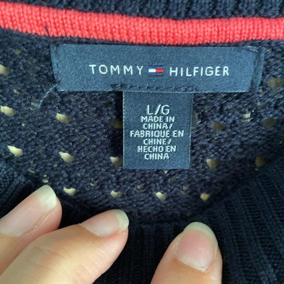 Tommy Hilfiger Navy Open Weave Boatneck Tunic Cotton Sweater Sz Large - Picture 1 of 8